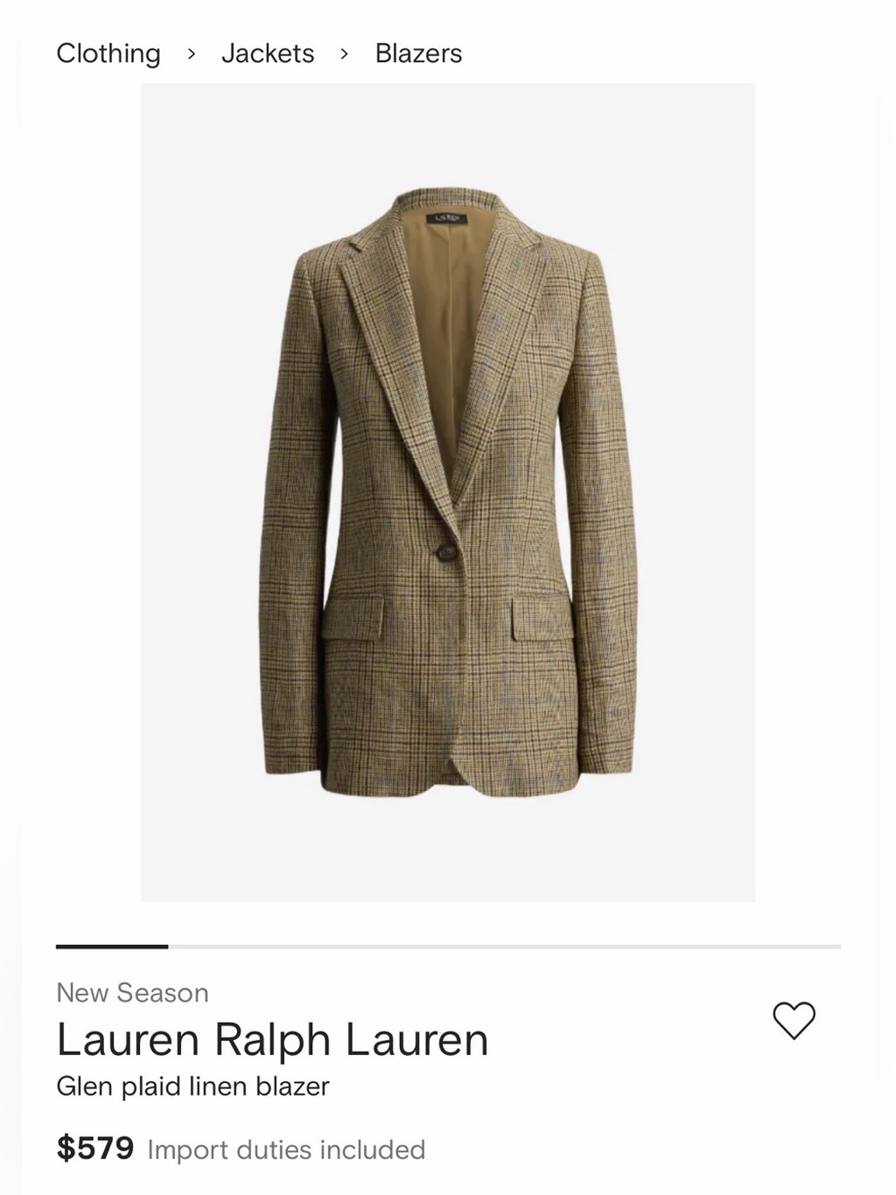 Ralph Lauren Glen Plaid Linen Blazer in Tan Plaid